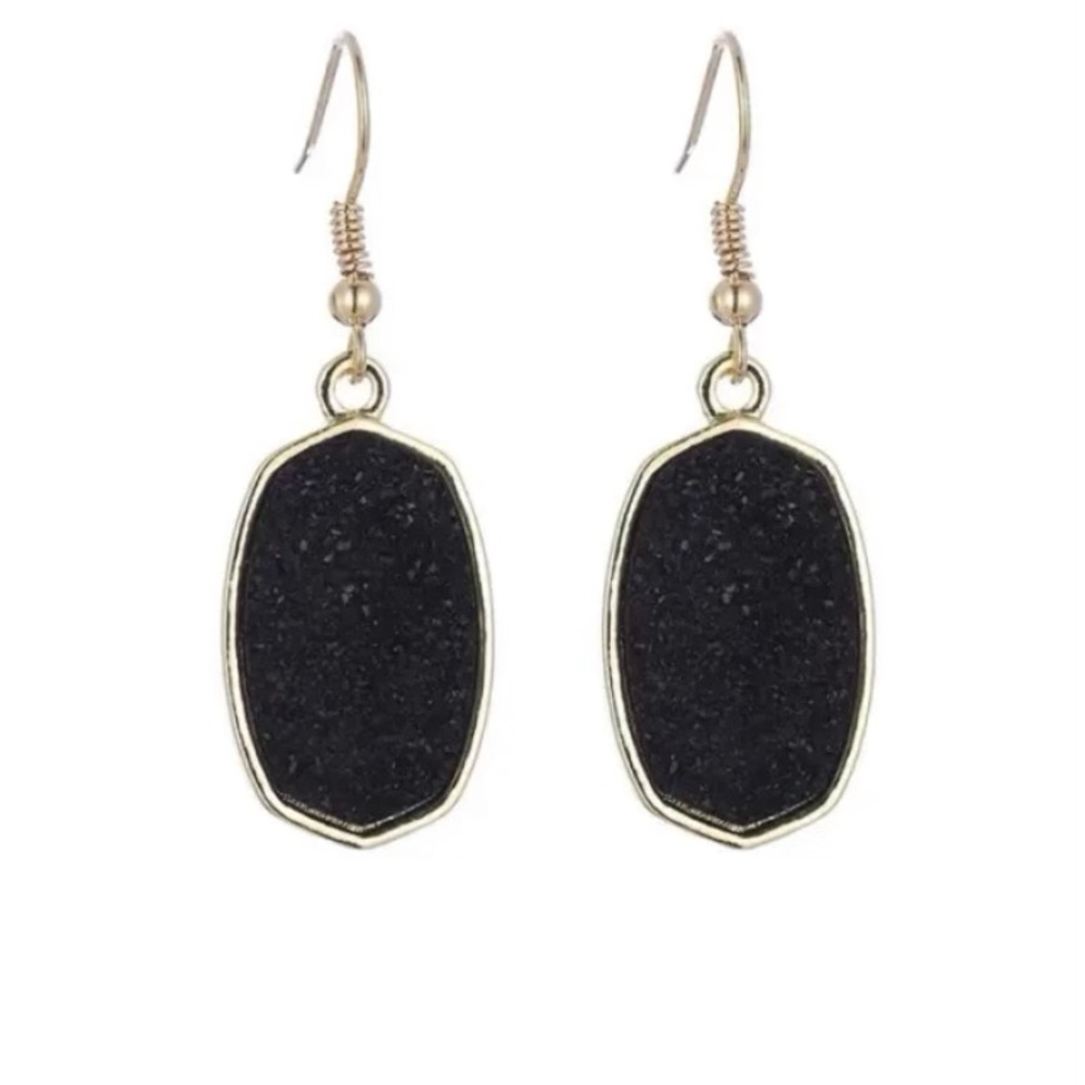 gold Black crystal oval hexagon dangle earrings